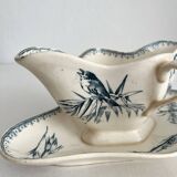 Saucière ancienne en terre de fer fleurs oiseaux "Malaga" Petrus Regout