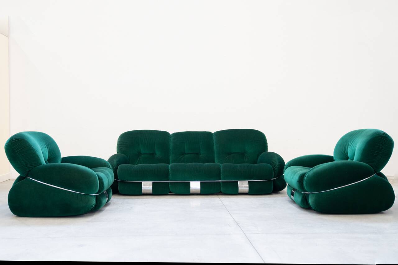Living room, 2 armchairs and 3-seater sofa, OKAY model, Adriano Piazzesi, 1970