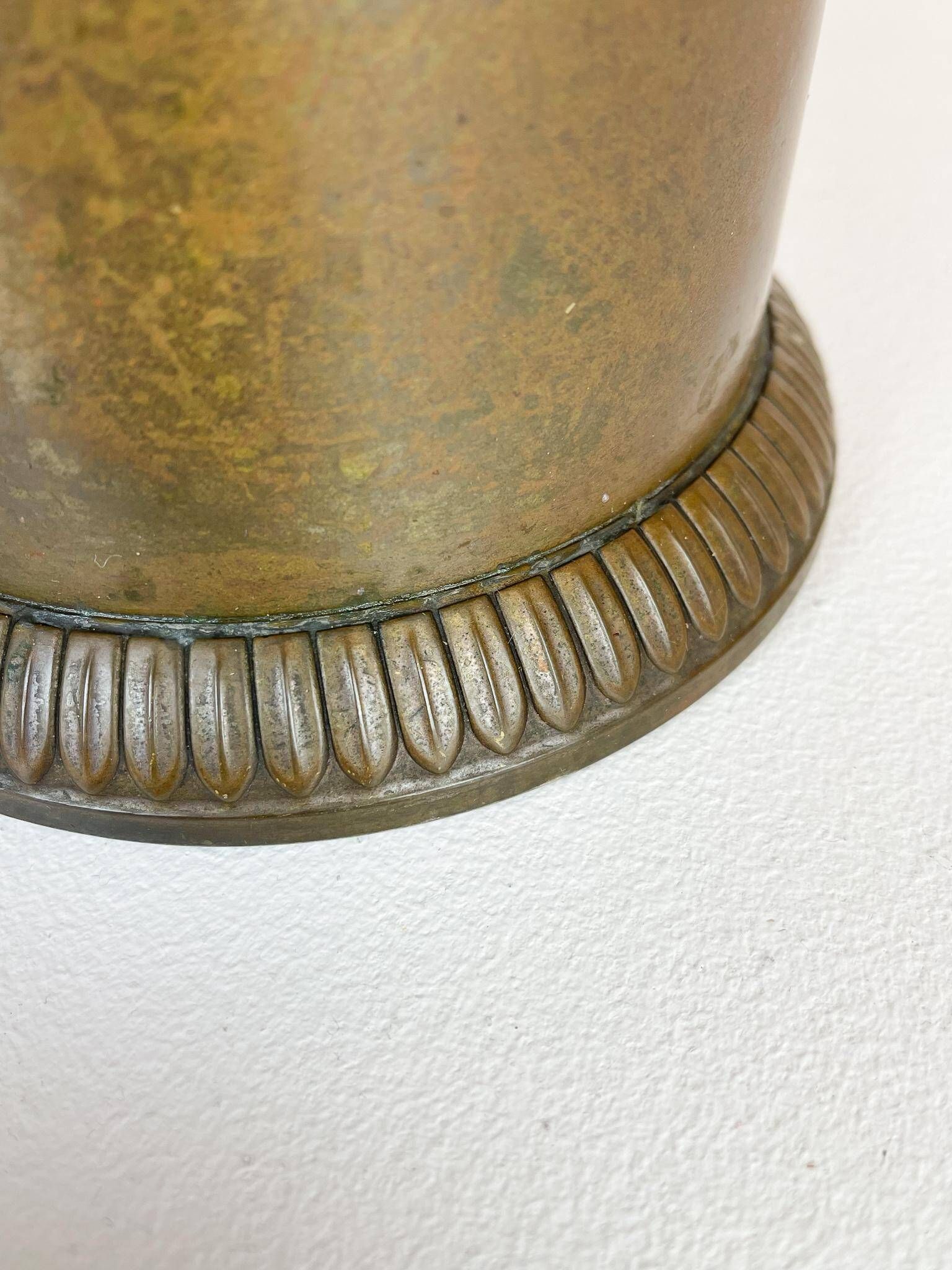 Art Deco champagne cooler in copper and brass with relief patterns, Sweden, 1930s.