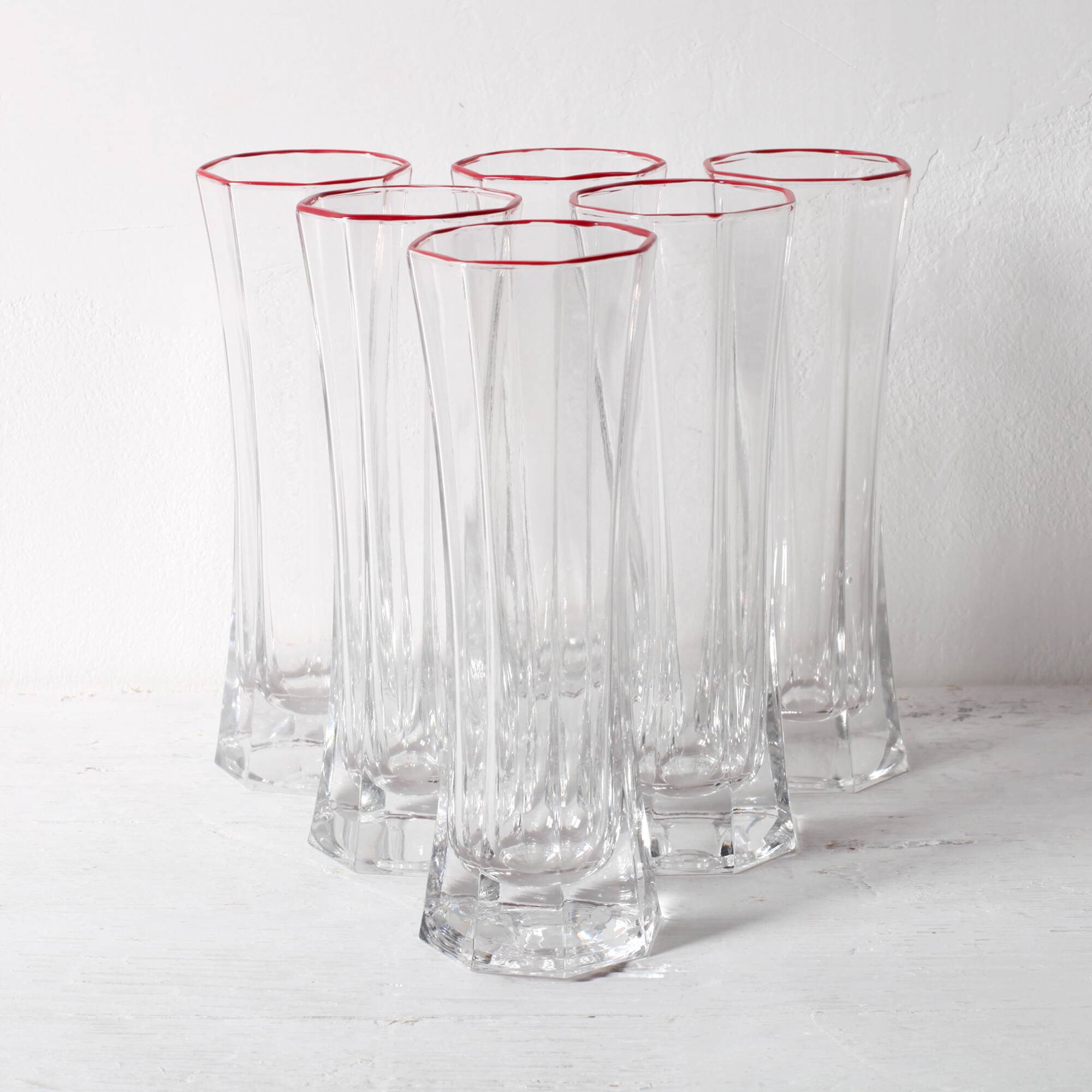 Set of 6 Mid-century Clear Crystal Glasses with Red Rim / Italy / 1980s