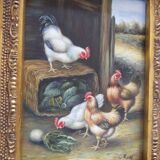 Oil painting on vintage panel framed in ornate gold frame, farmyard.