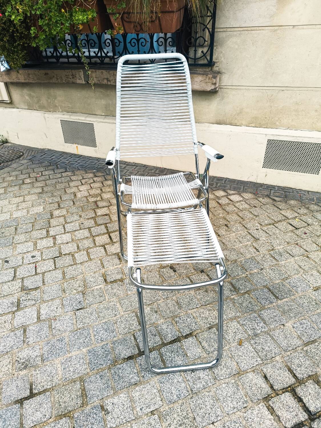 Armchair chaise longue adjustable deckchair with footrest spaghetti scoubidou