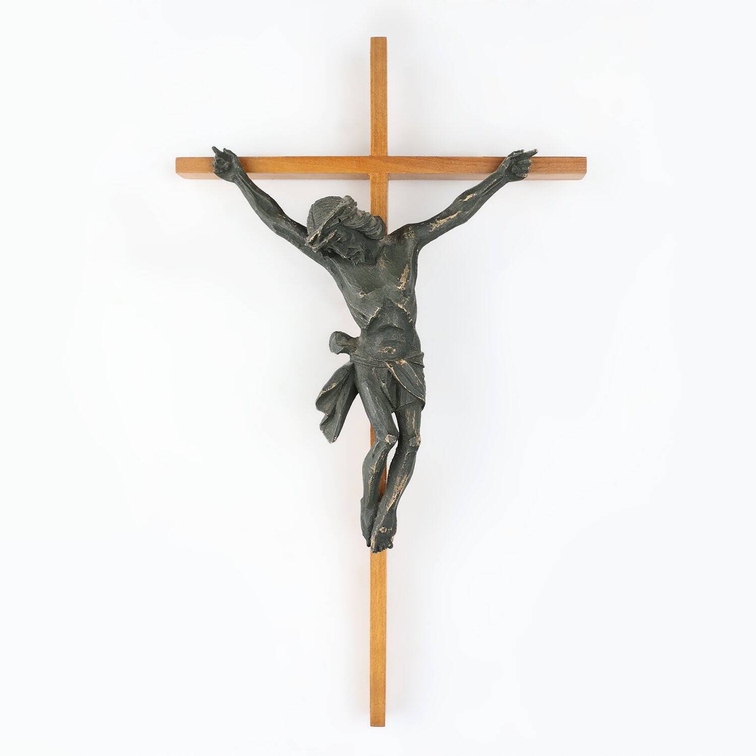 Antique Realistic Wooden Crucifix, France, 1850