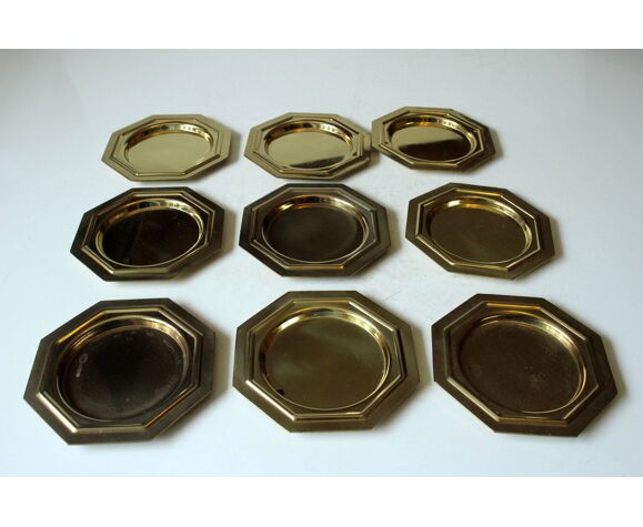 9 brass coasters, octagonal, vintage from the 1970s