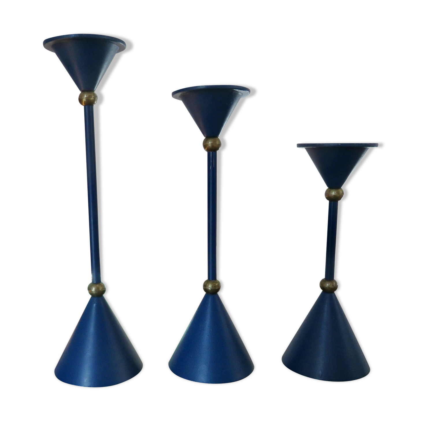 3 modernist Scandinavian candlesticks in blue lacquered metal and brass 60s 70s