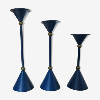 3 modernist Scandinavian candlesticks in blue lacquered metal and brass 60s 70s