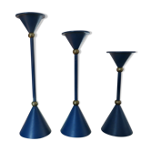 3 bougeoirs scandinaves modernistes en métal laqué bleu et laiton années 60 70