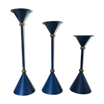 3 modernist Scandinavian candlesticks in blue lacquered metal and brass 60s 70s