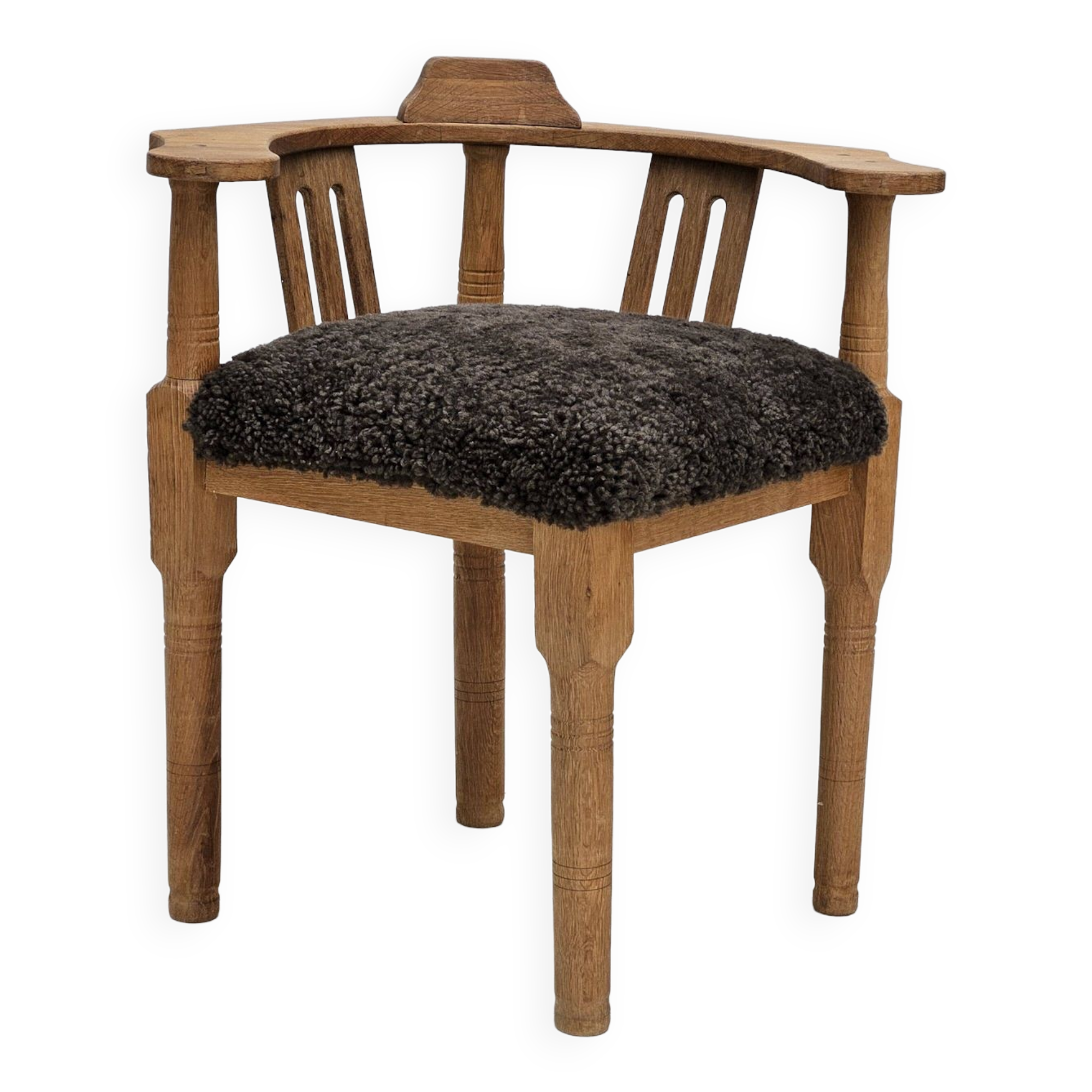 1950s, Danish design, reupholstered armchair, New Zealand sheepskin, oak wood.