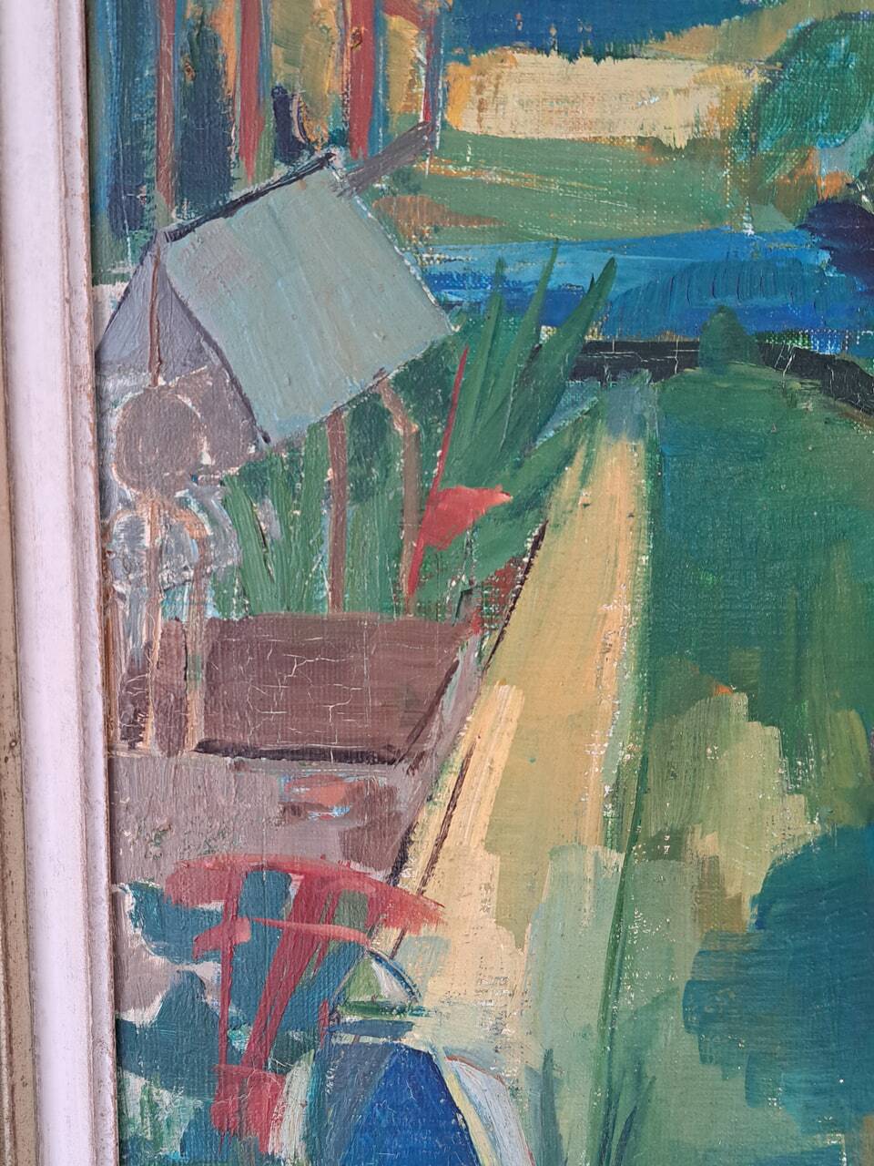 Oil painting on canvas signed Besacier — colourful village landscape