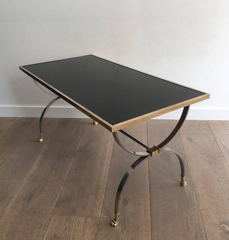 Coffee table in brushed steel and brass. Maison Jansen