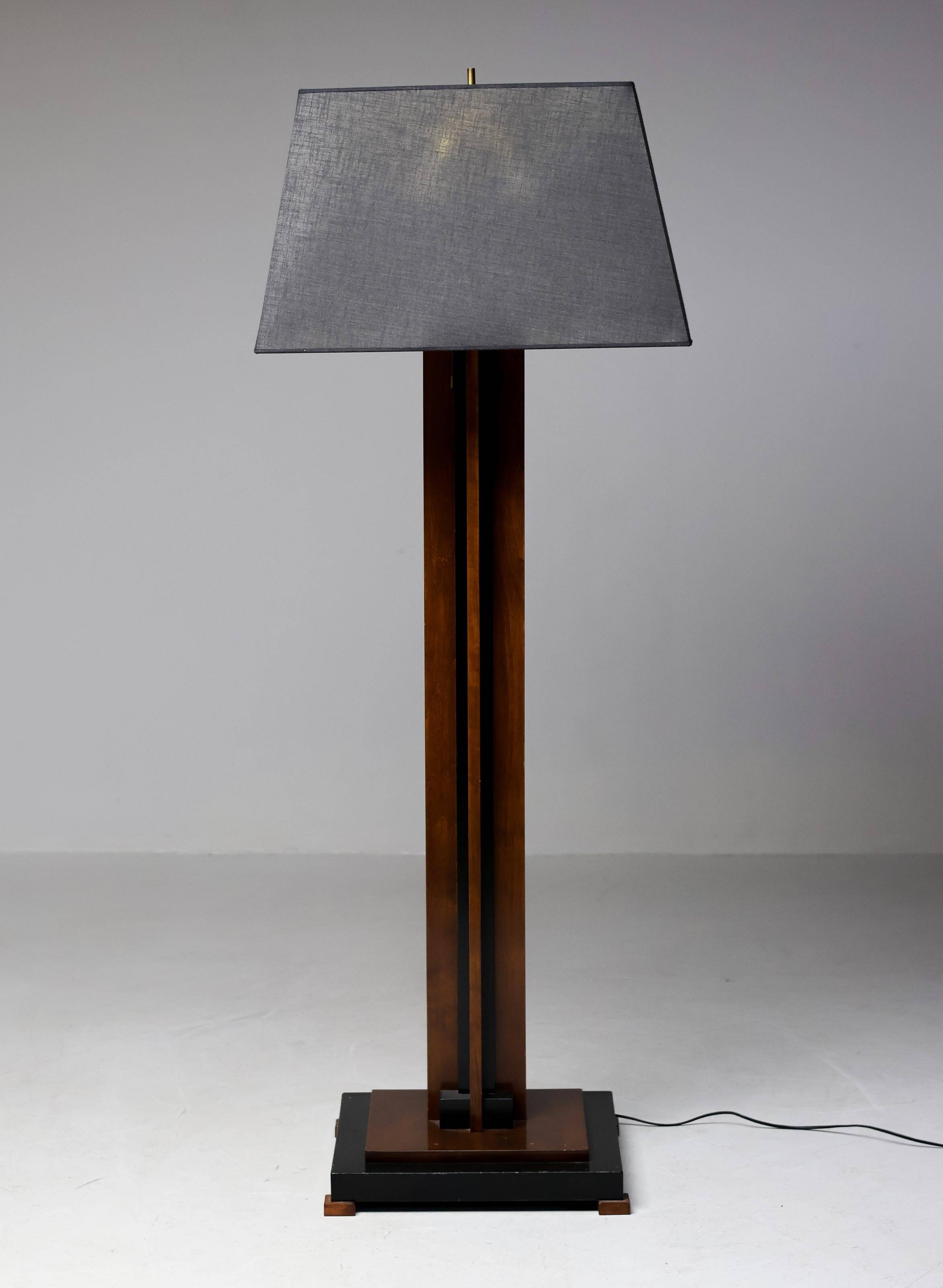 Amsterdam School floor lamp in partially ebonised cherry with a black linen shade.