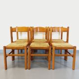 Suite of 6 vintage chairs in light wood and straw from the 70s 80s
