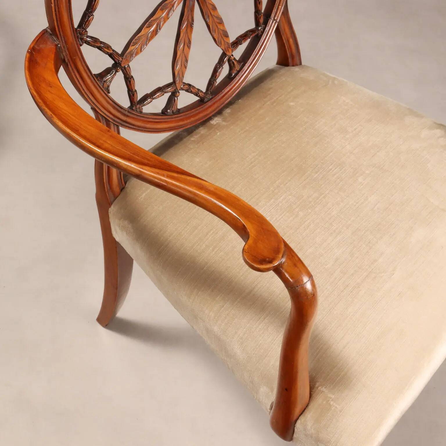 Antique cherry wood and fabric armchairs, United Kingdom, 20th century