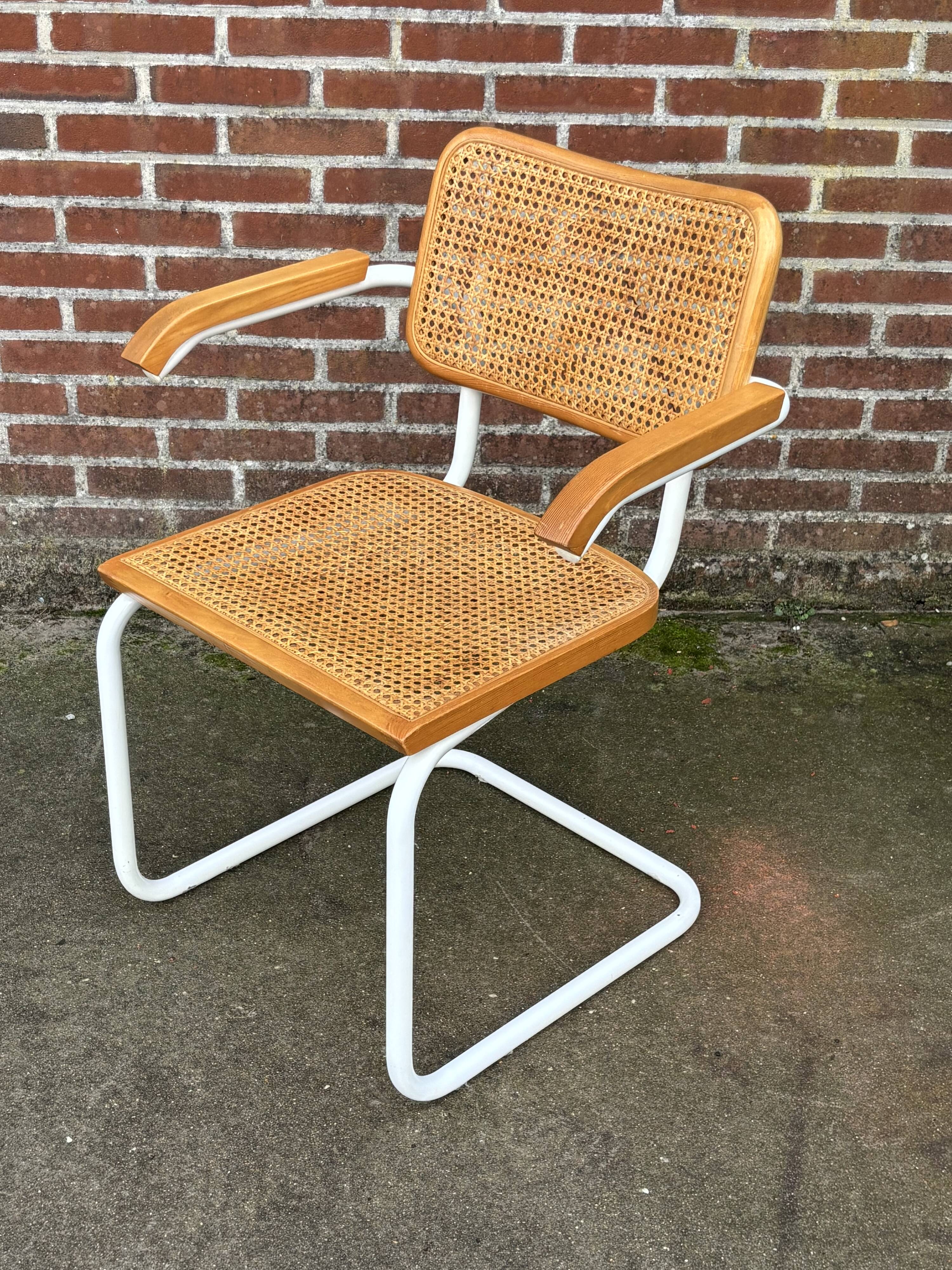 Chair Cesca model with armrests B64 in white metal and wood