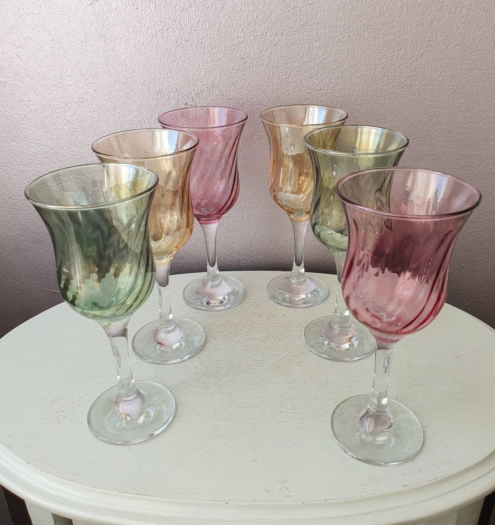 Set of 6 pastel colors 80s crystal wine glasses