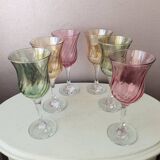 Set of 6 pastel colors 80s crystal wine glasses
