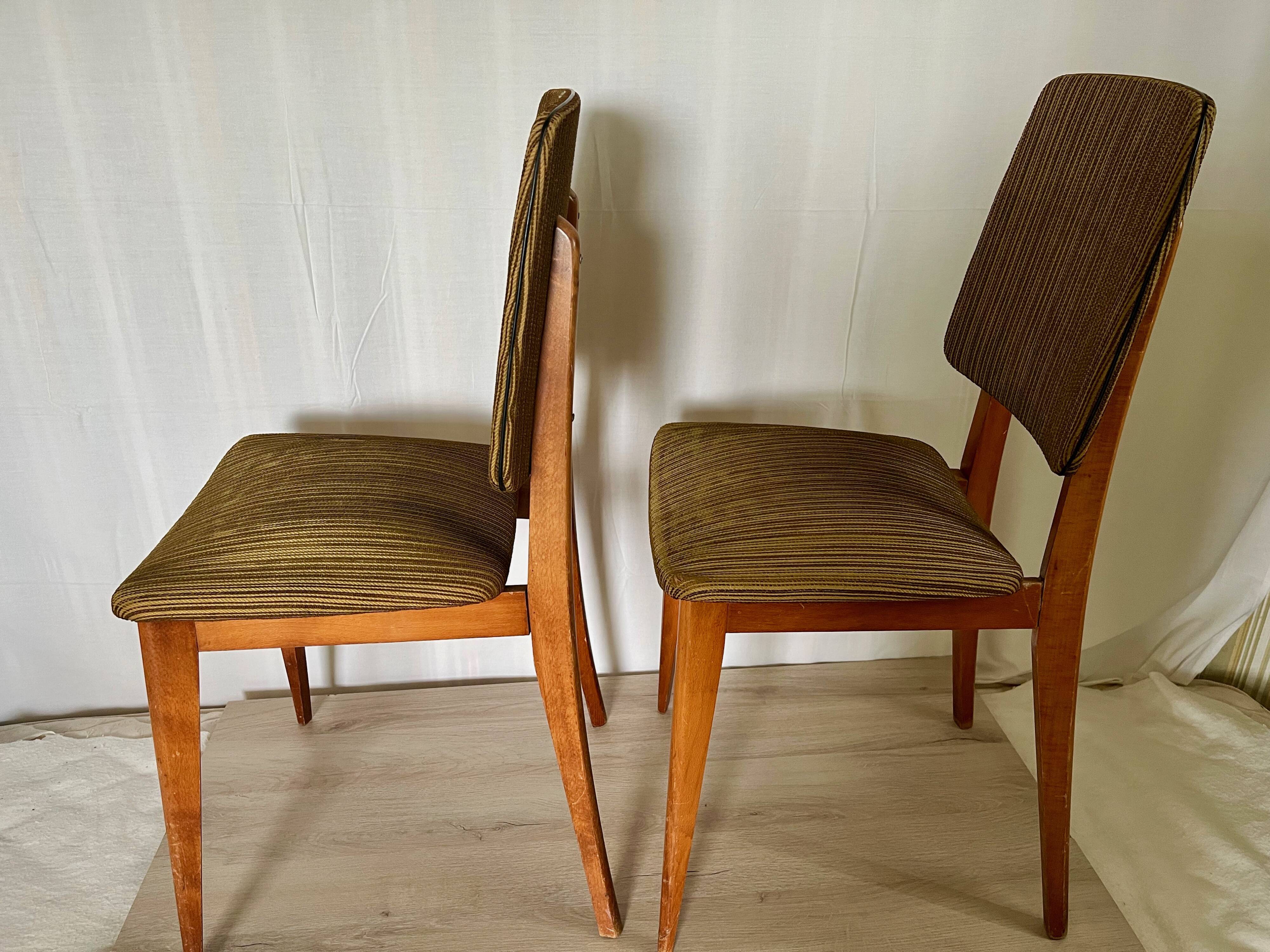 Pair of vintage chairs, in wood & green fabricpair of vintage chairs, in
