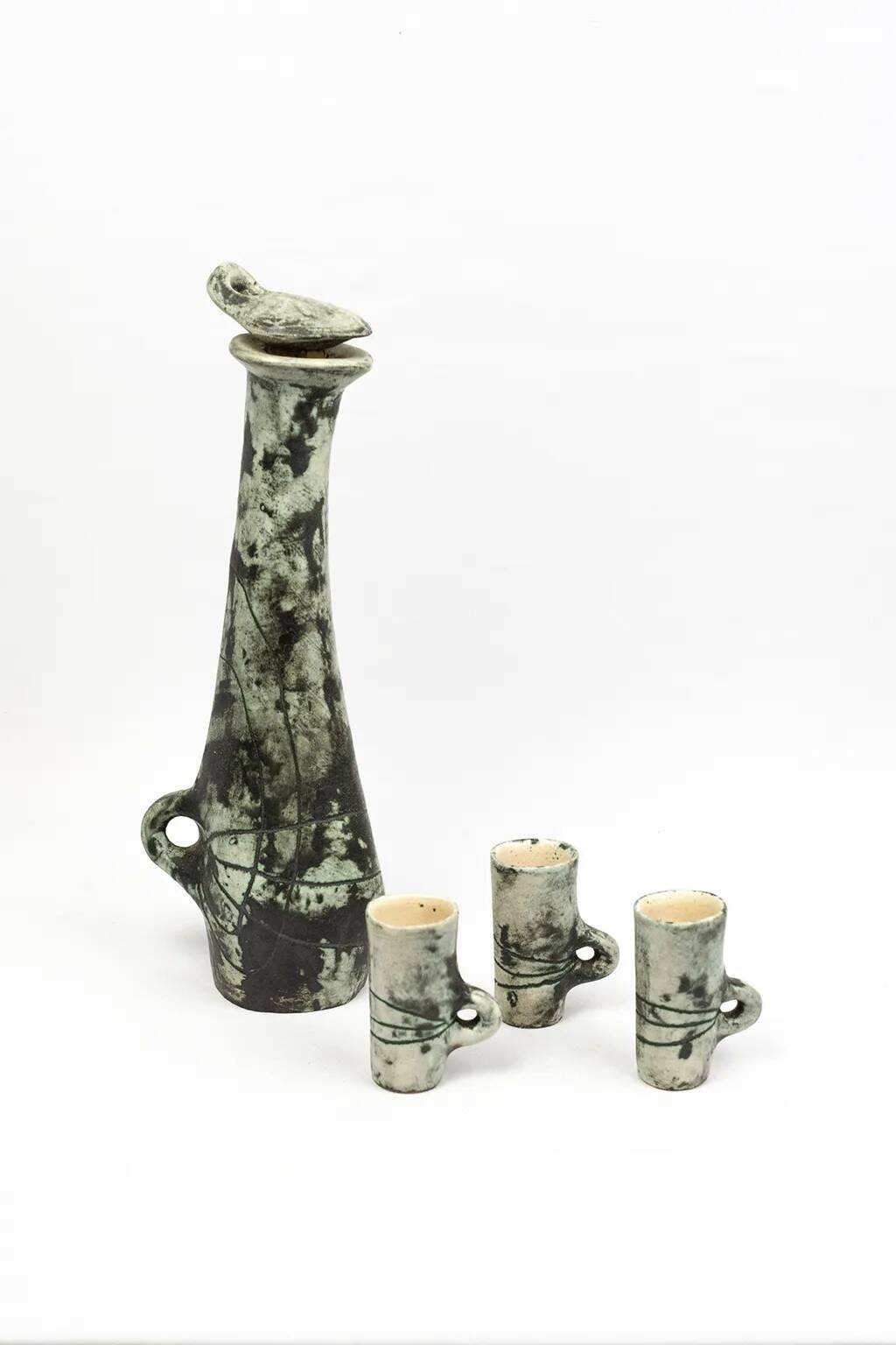 Carafe and its 3 liqueur glasses in glazed ceramic by Jacques Blin