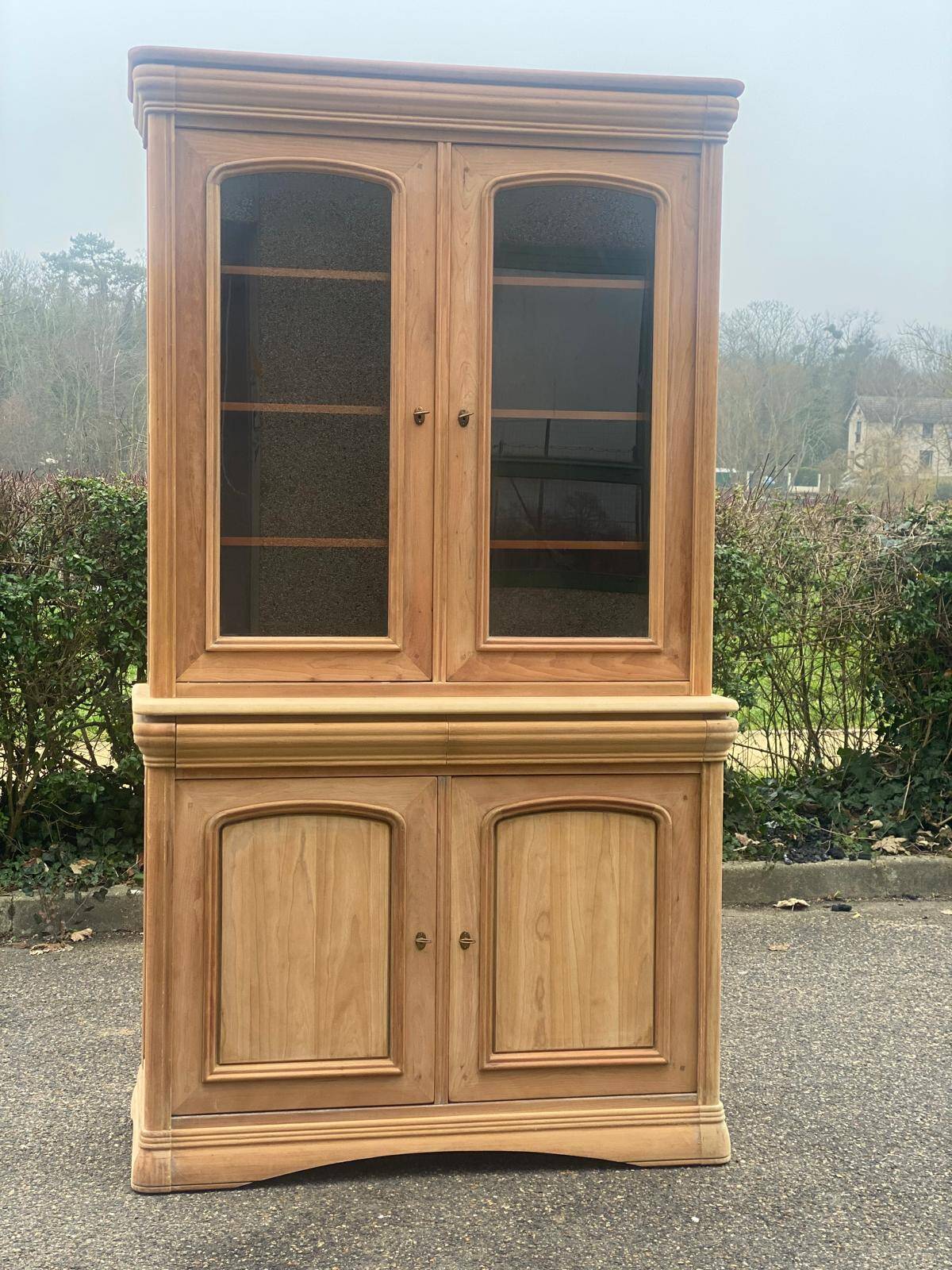 Louis Philippe 2-body sideboard renovated in raw wood with 2 glass doors