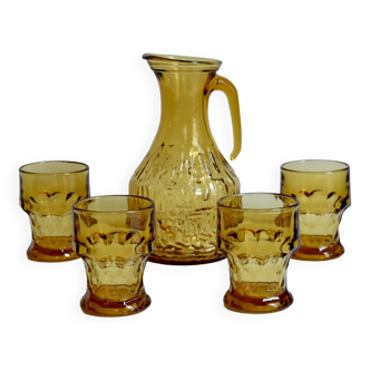 Vintage orangeade service in amber glass - 1 carafe + 4 glasses - Made in Italy