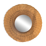 Large vintage mirror 1970 in woven wood, wicker rattan diameter 54 cm
