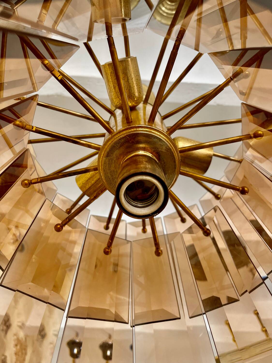 Veca chandelier glass structure brass, Spain 1960