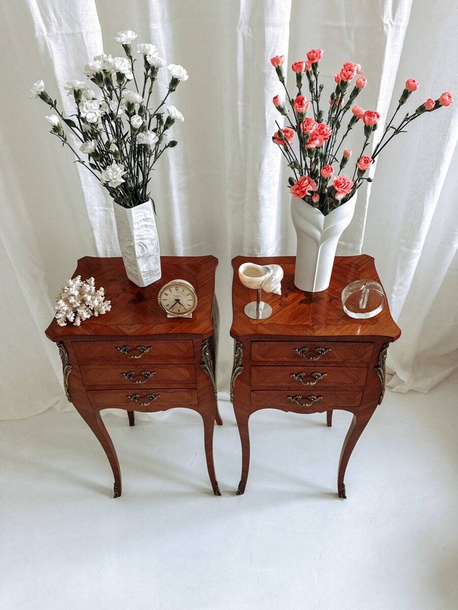 Louis XV French bedside tables with floral marquetry, 1940s, set of 2
