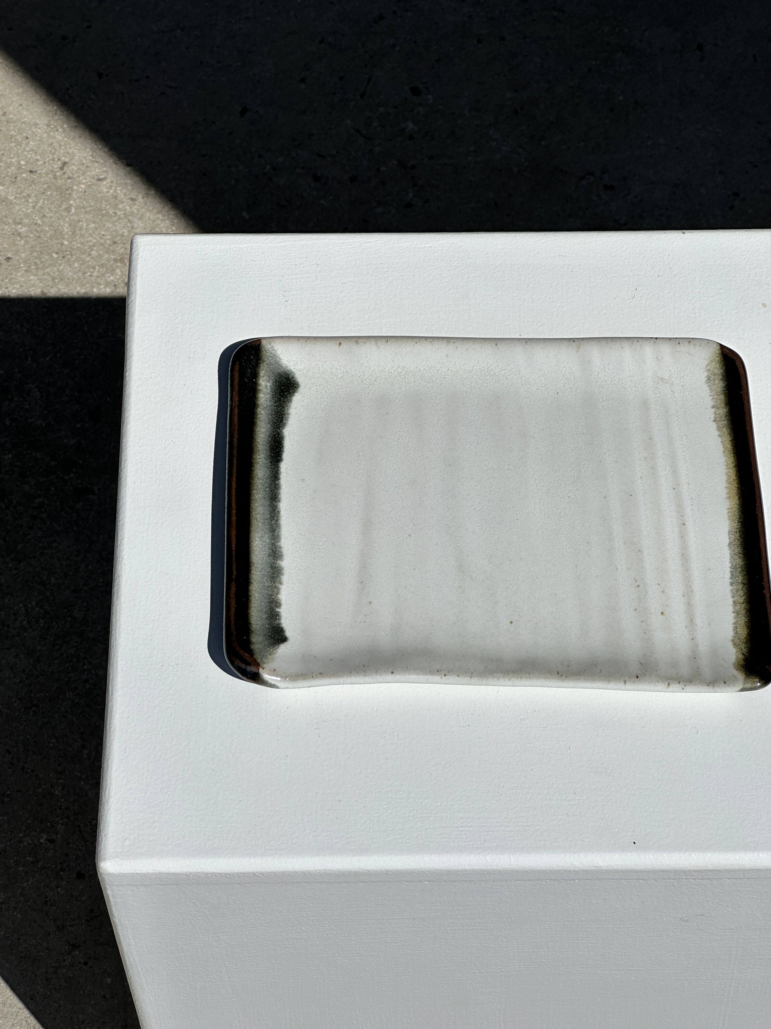 Trio of small rectangular serving dishes white and black Indonesian ceramic 21x16