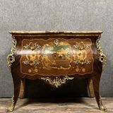 Curved Sauteuse chest of drawers stamped in precious wood marquetry Louis XV style circa 1850