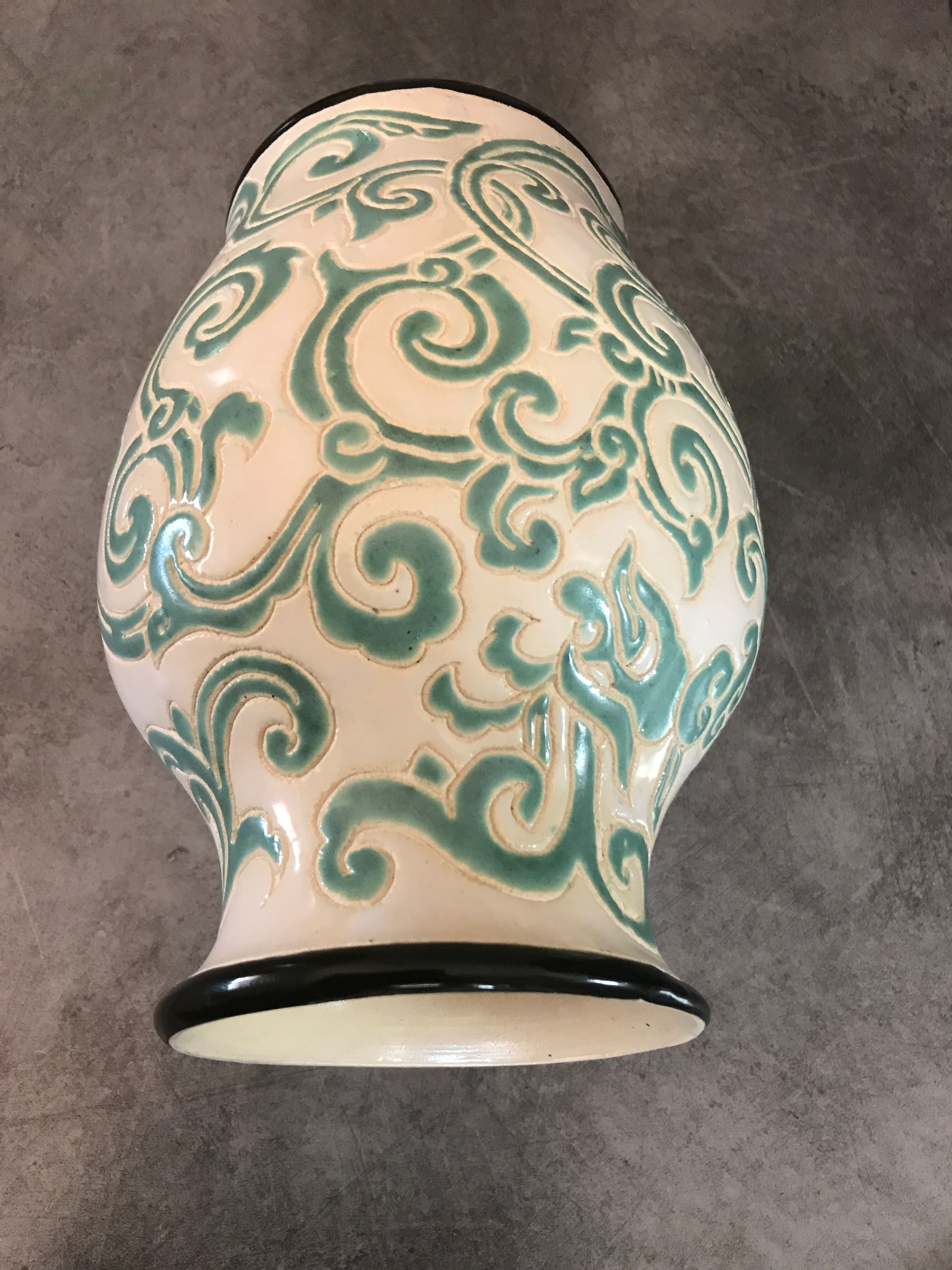 Vintage vase in glazed ceramic with carved decoration of arabesque 22.5 cm