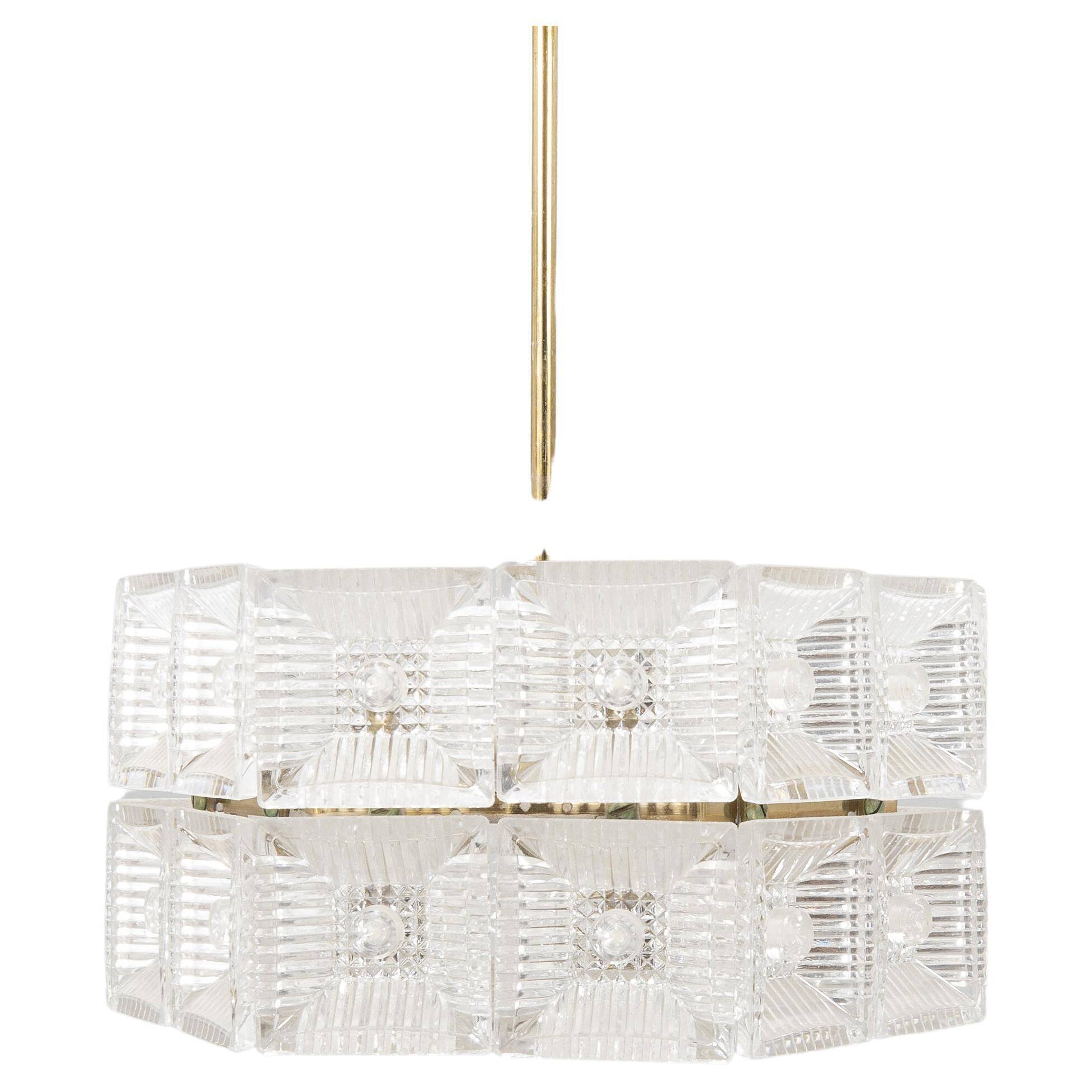 Crystal and brass pendant lamp by Carl Fagerlund for Orrefors, Sweden, 1960.