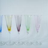 set of 5 colored glass champagne flutes Design 1970