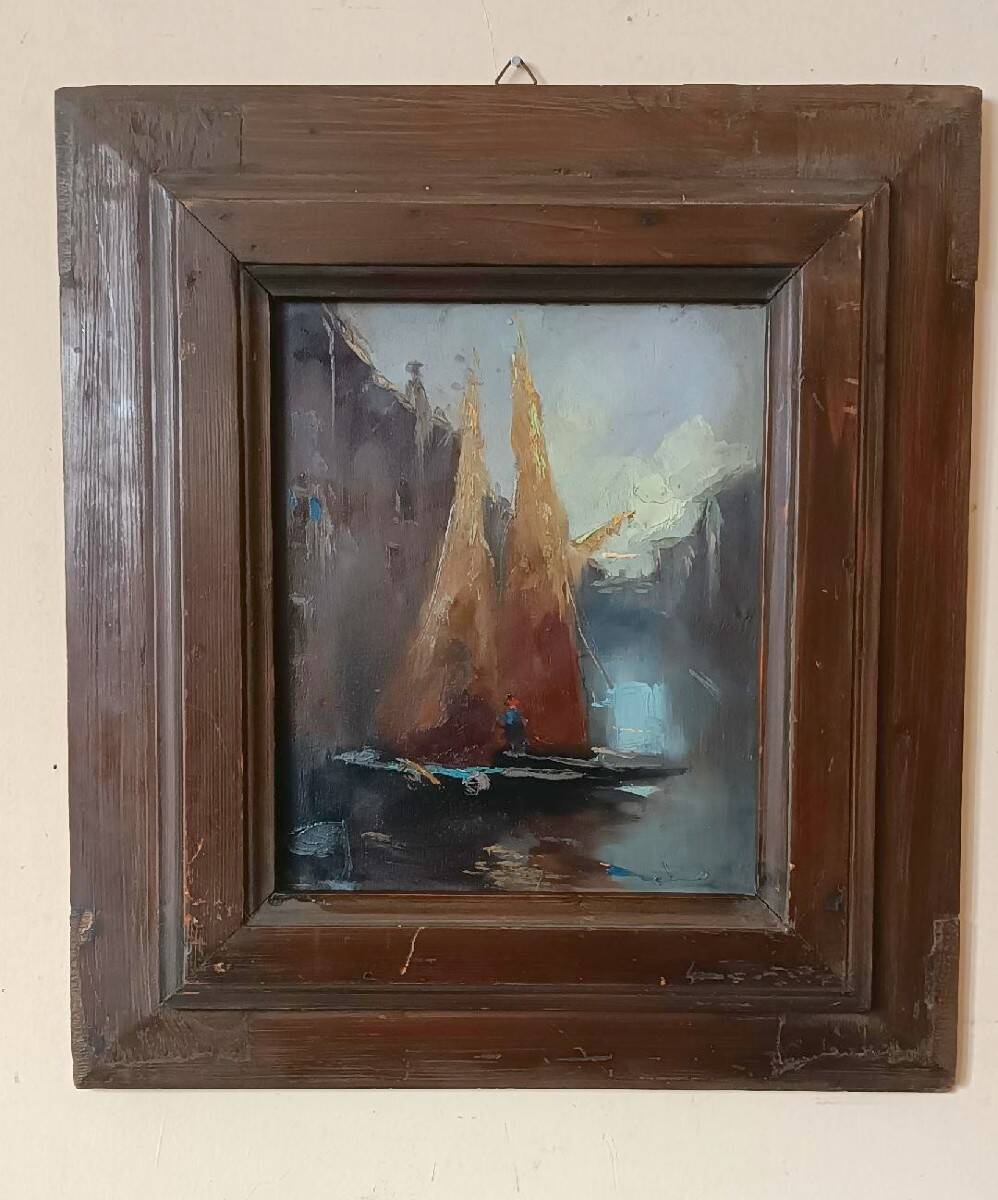 Old oil painting on panel, late 19th century - Boats - signed - Antique frame