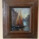 Old oil painting on panel, late 19th century - Boats - signed - Antique frame