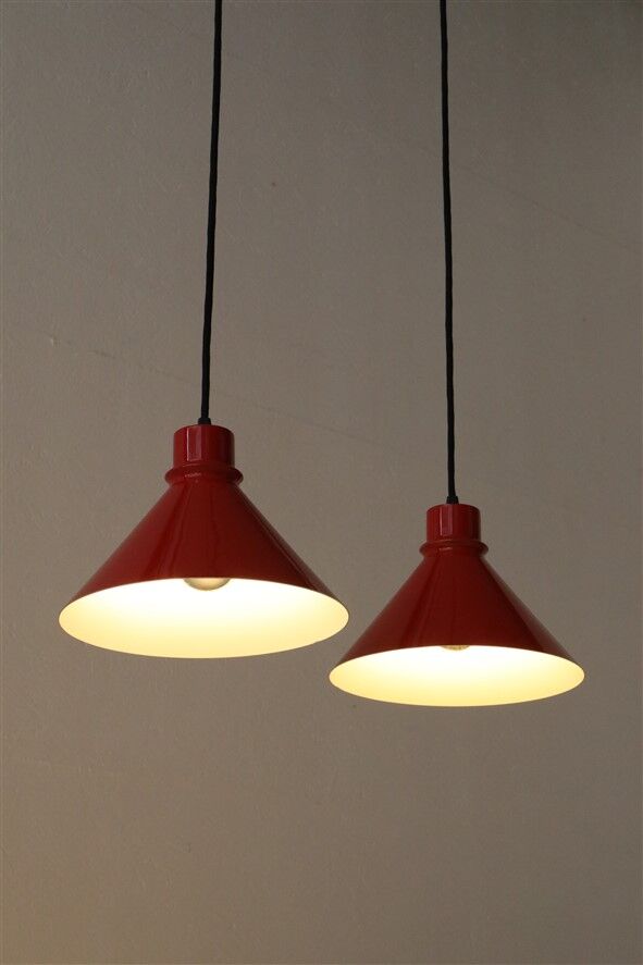 Set of 2 Nordisk Solar Compagni “Super Space” pendant lights, red, small version, Danish modern design, 1970s
