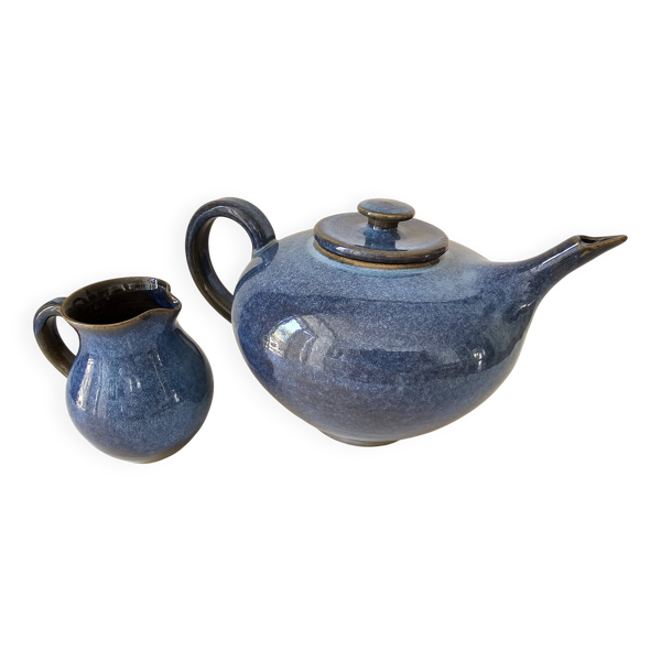 Ensemble théière pot à lait en céramique vernissée (bleu cobalt) design