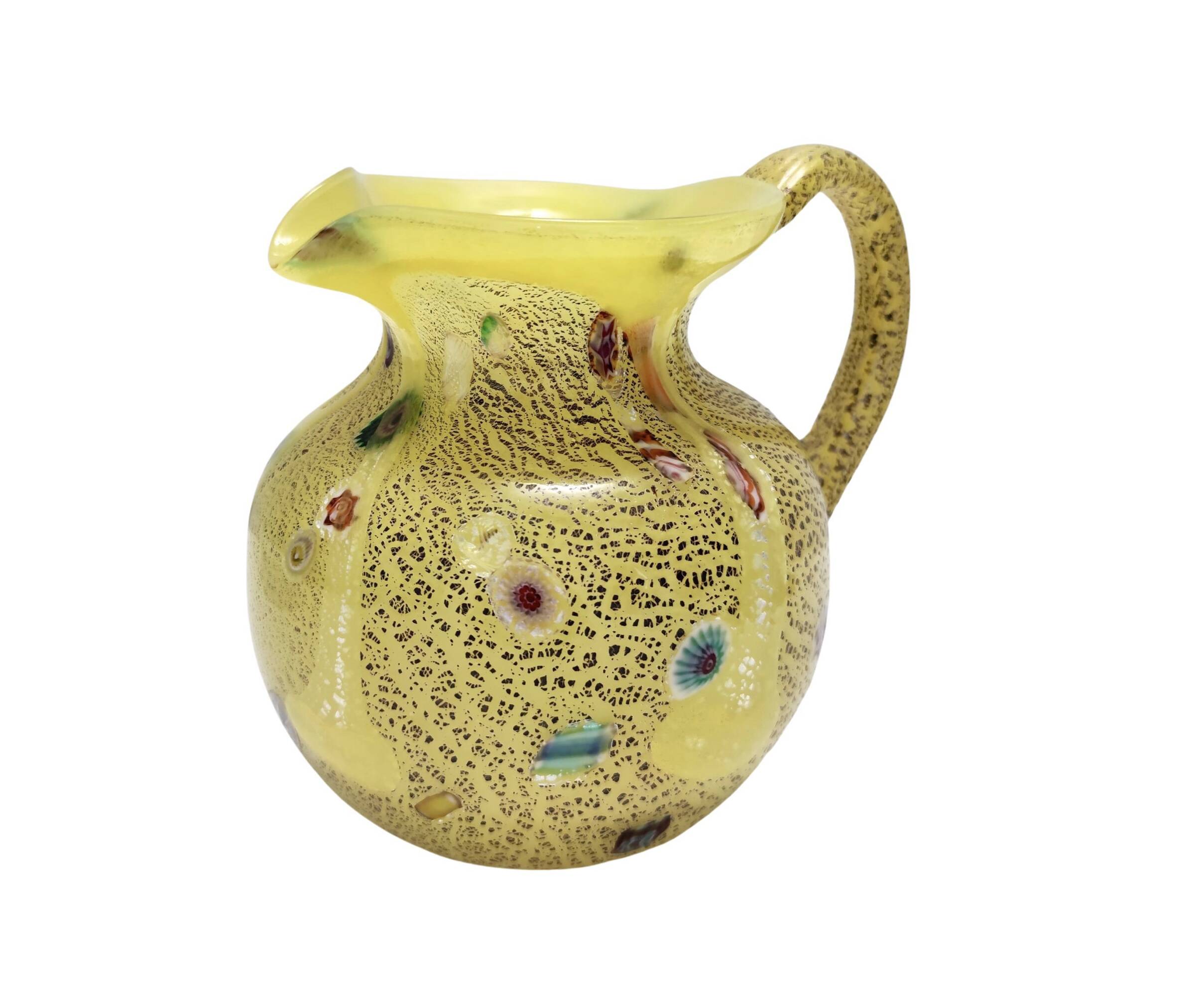 Postmodern Yellow Opaline Hand Blown Glass Jug with Murrines and Silver Flakes