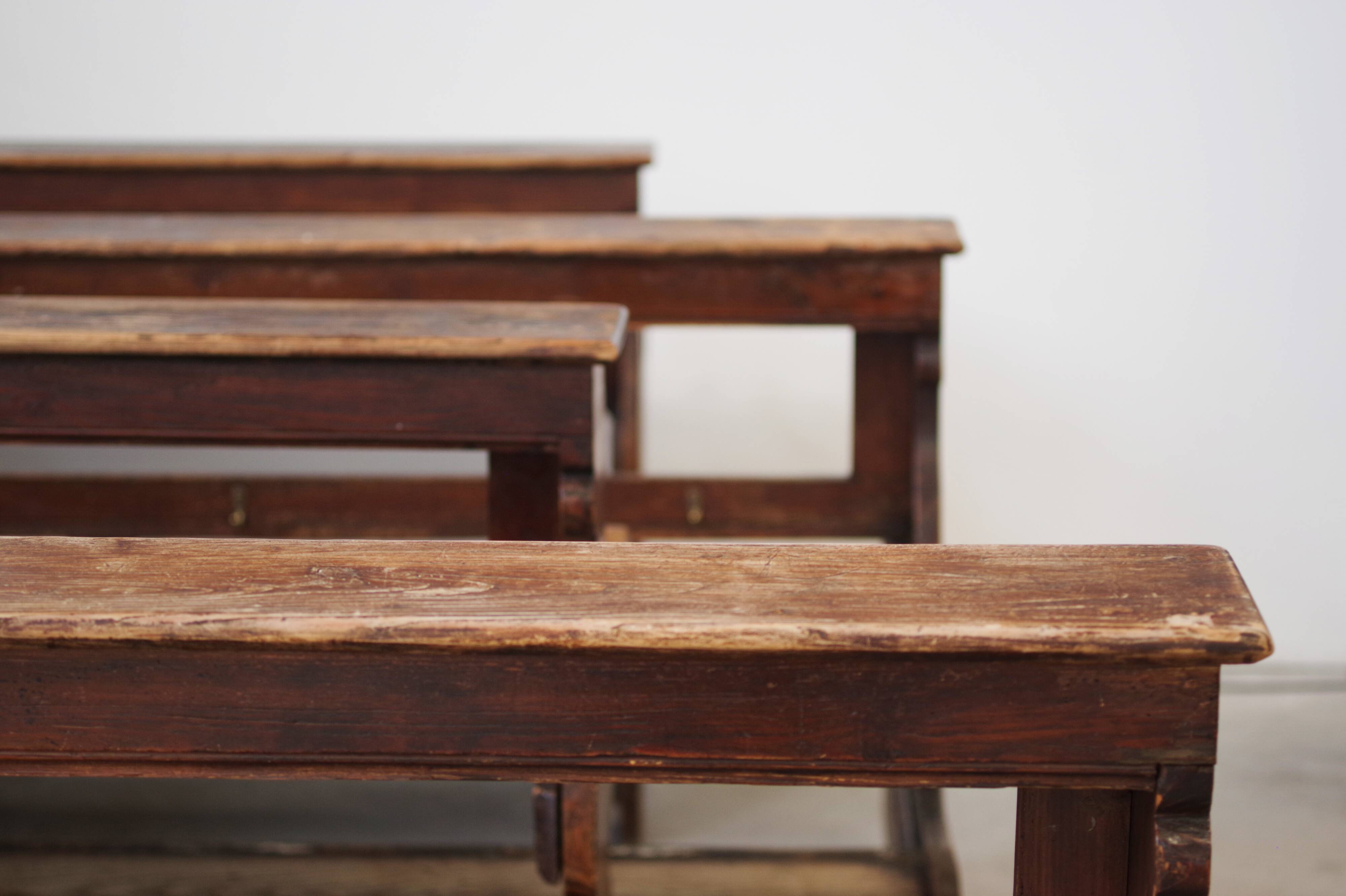 Antique Gothic Church Benches, Late 1800s – Set of 4 Pine Wood Pew Benches