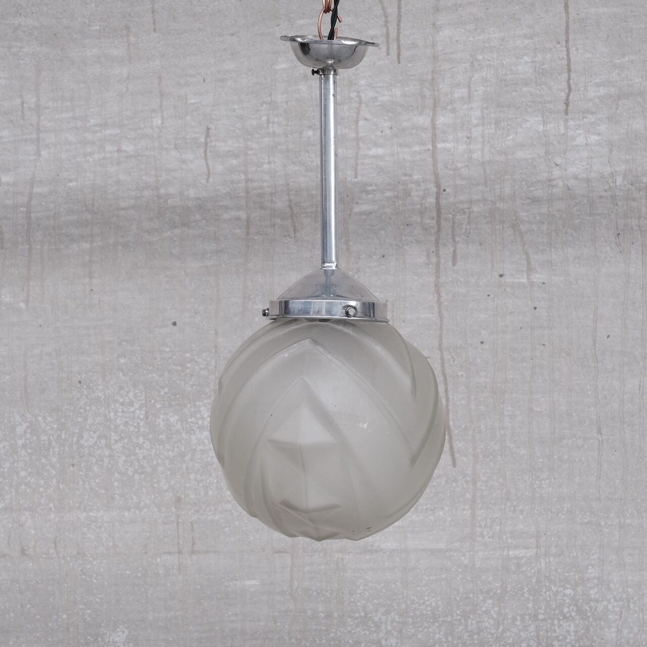 Geometric etched glass and metal art deco pendant light