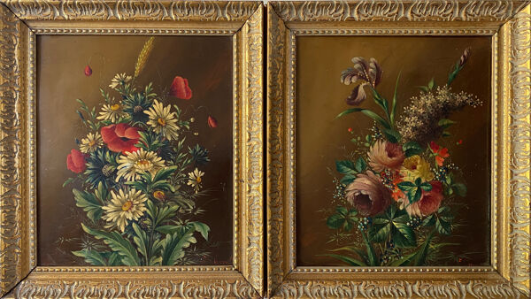 Tableaux XIX° pendant HSP acajou ''Bouquet de fleurs'' signés Vincent + cadre