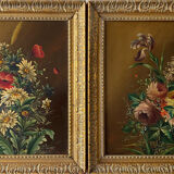 Tableaux XIX° pendant HSP acajou "Bouquet de fleurs" signés Vincent + cadre