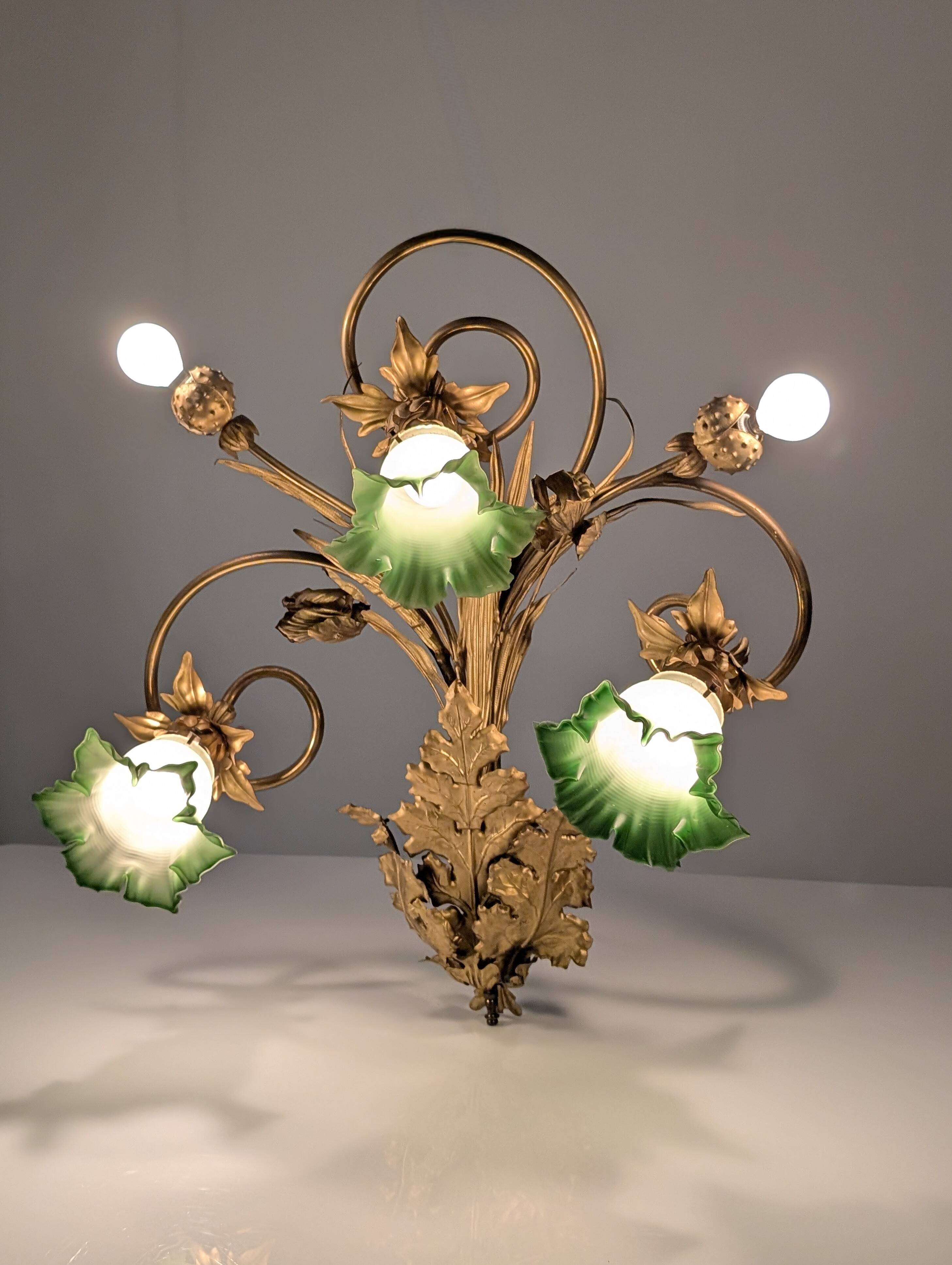 Art Nouveau Chestnut Leaf and Green Glass Sconce, 1900s