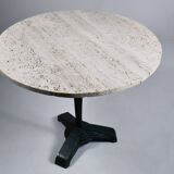 Vintage travertine bistro/dining table, solid metal base. (A)
