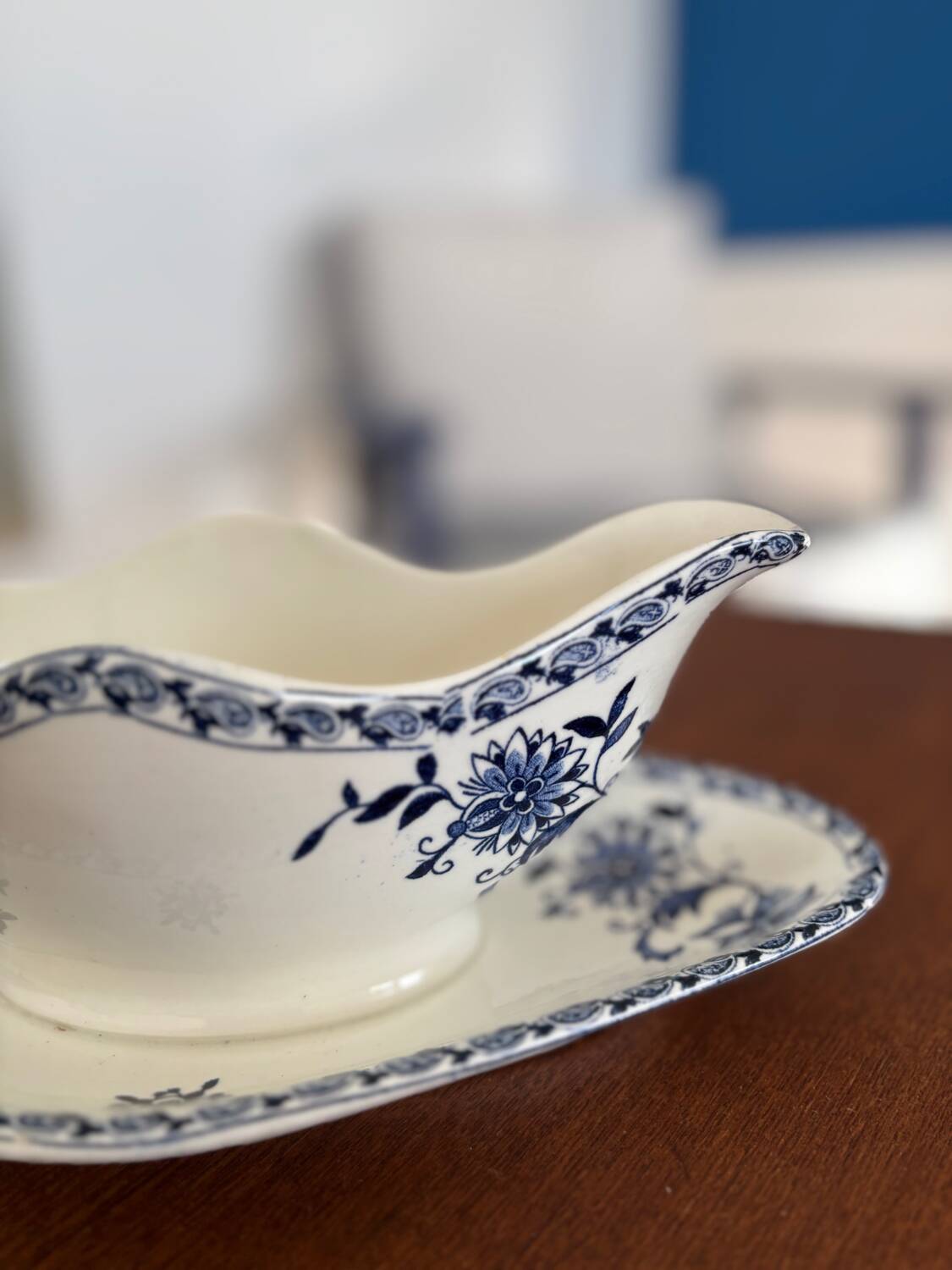 Antique ironstone sauceboat | Blue and white earthenware | Tableware