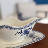 Saucière ancienne en terre de fer bleu et blanc