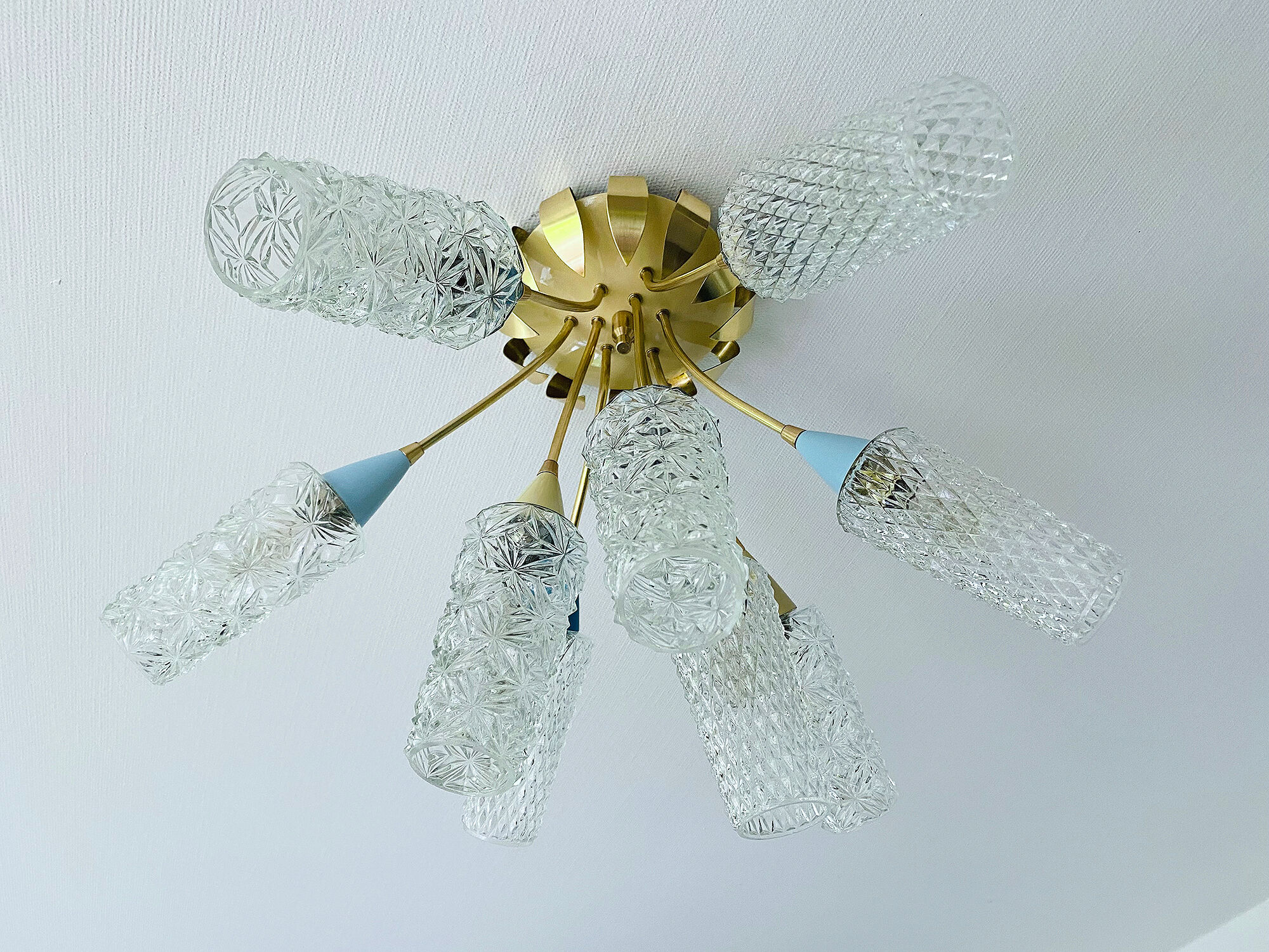 plafonnier lampe vintage, annees 50, verre laiton, bleu beige or