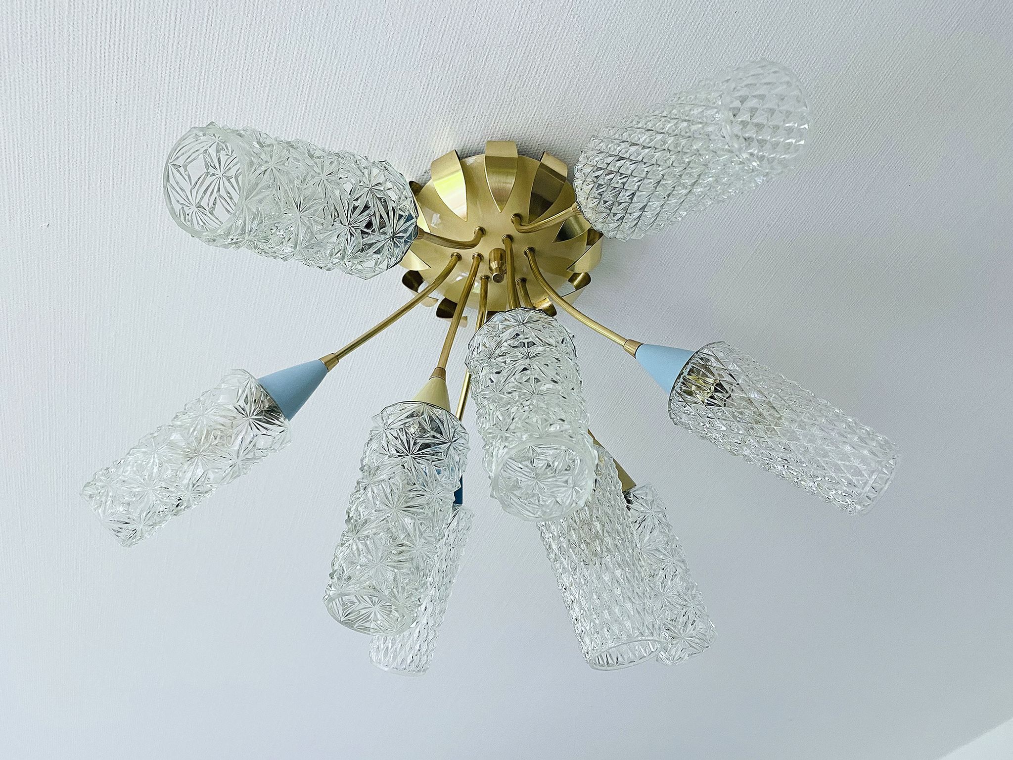 plafonnier lampe vintage, annees 50, verre laiton, bleu beige or