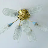 plafonnier lampe vintage, annees 50, verre laiton, bleu beige or