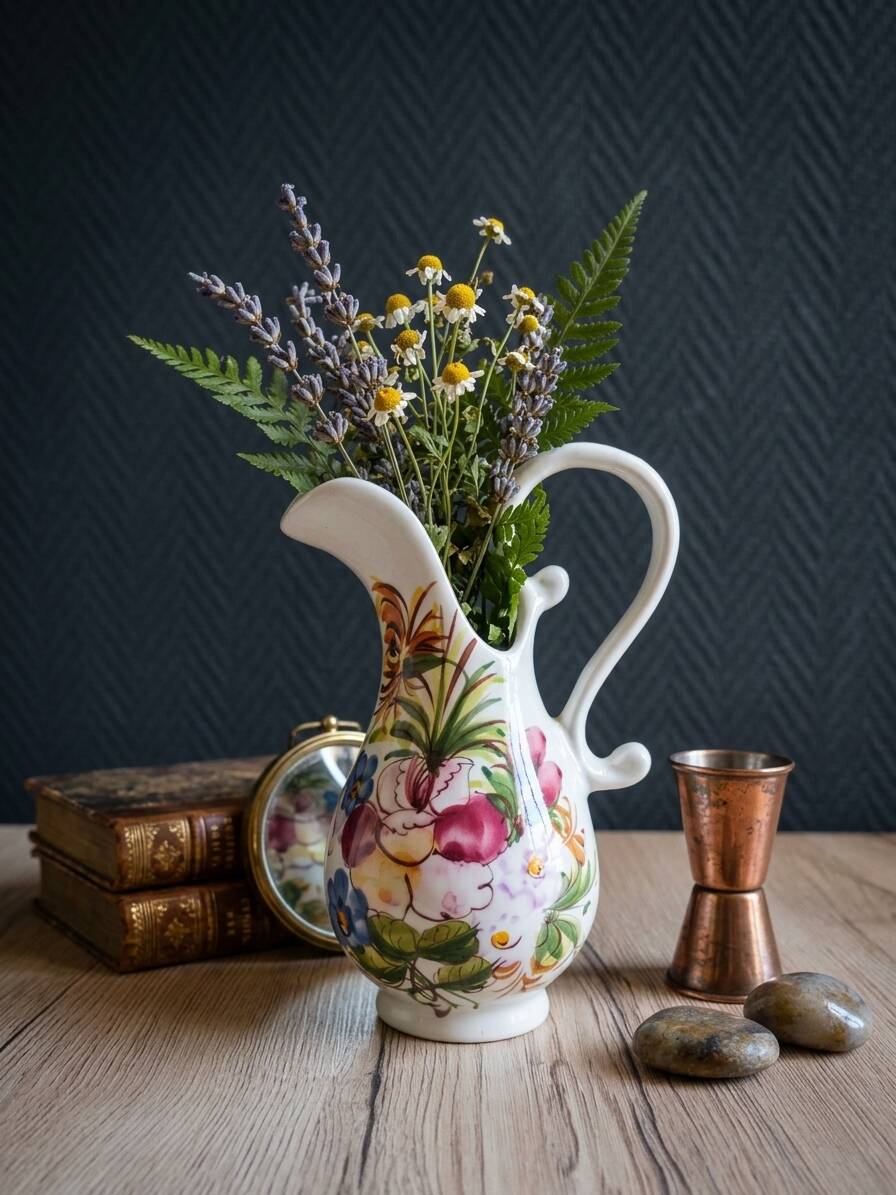 Vintage Ceramic Jug Hand-Painted Multicoloured Floral Decor, Ewer